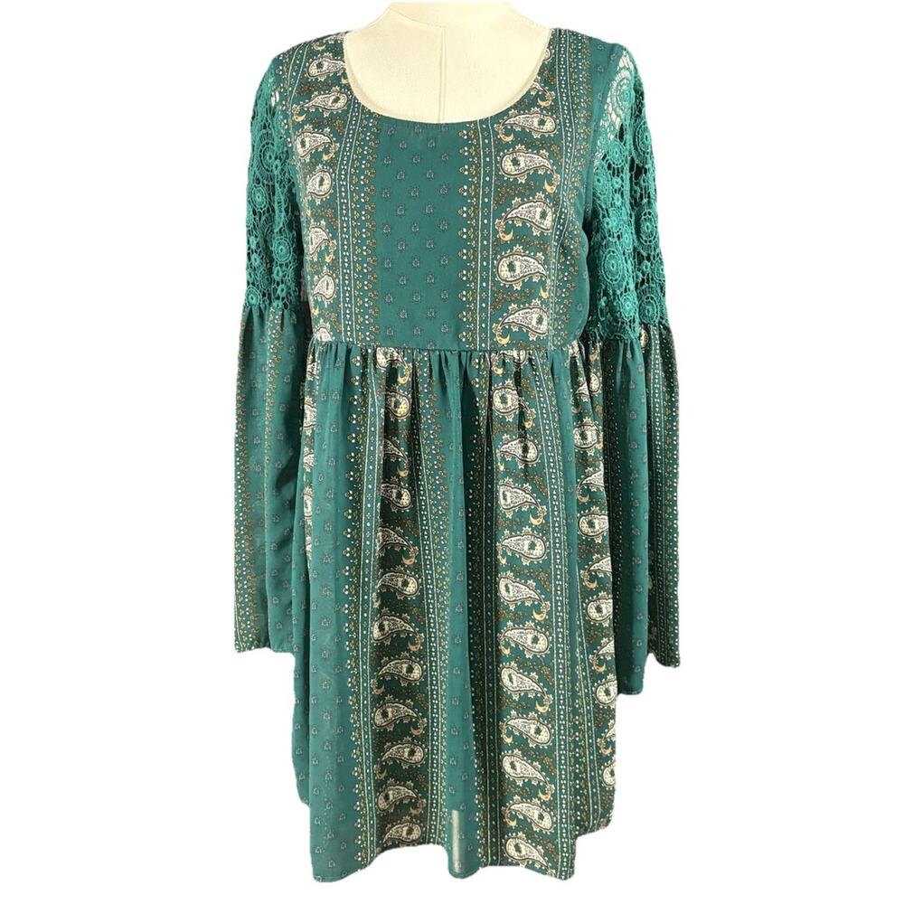 Tip Top Paisley Peasant Green Boho Babydoll Dress Long Lace Bell Sleeves Fairy S